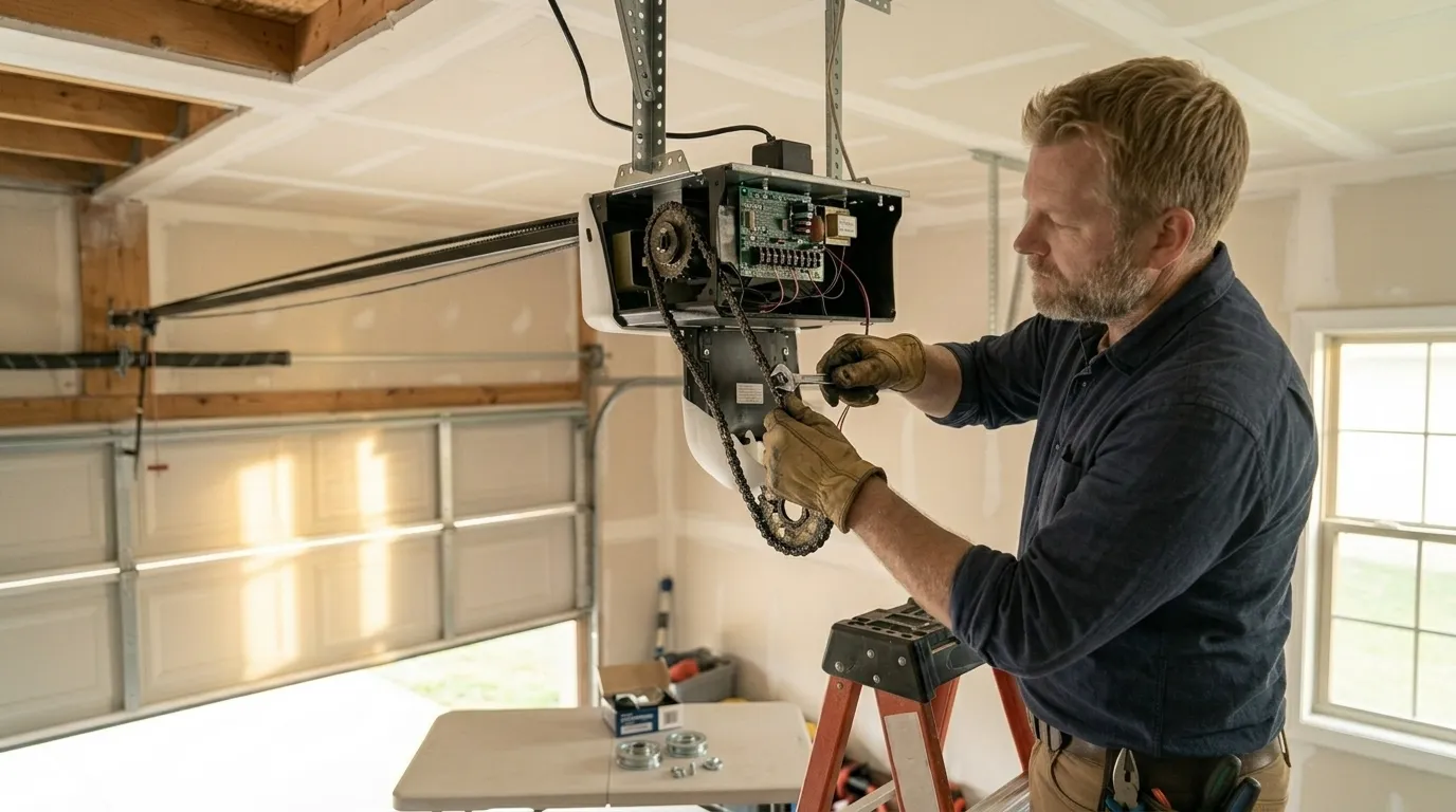 Garage door technician repairing a residential garage door in Tukwila Washington