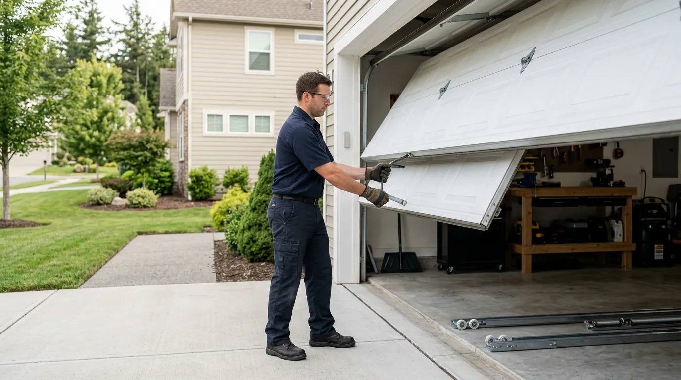 Garage door technician inspecting springs rollers tracks and opener in Tukwila Washington